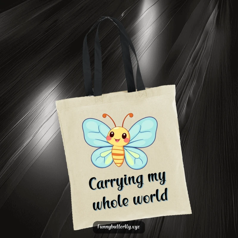 Funny whimsical butterfly with exaggerated antennae spinning joyfully, printed on a durable and fun tote bag.