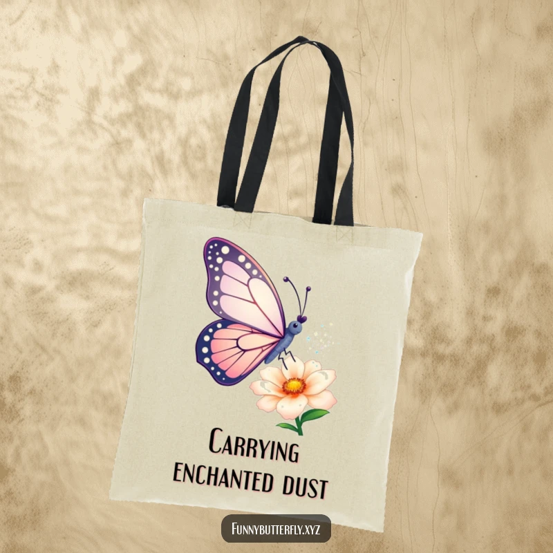 Funny tote bag: A butterfly artistically sprinkles shimmering dust from its wings onto a flower, perfect for carrying your treasures.
