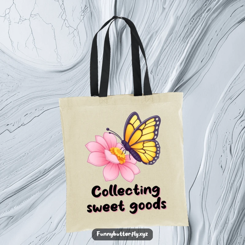Funny butterfly gently sipping nectar from a stunning radiant flower, printed on a functional tote bag.